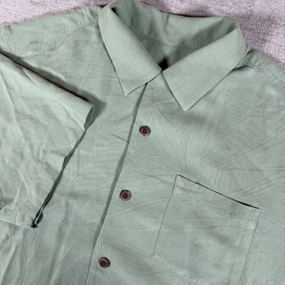 Tommy Bahama Button Down Mens Med Green Silk Jacquard Tropical Leaf‎ Camp Shirt